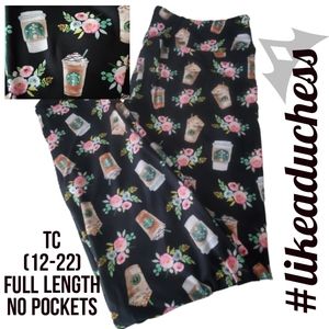 Floral Coffee Cup Black Leggings Plus Size